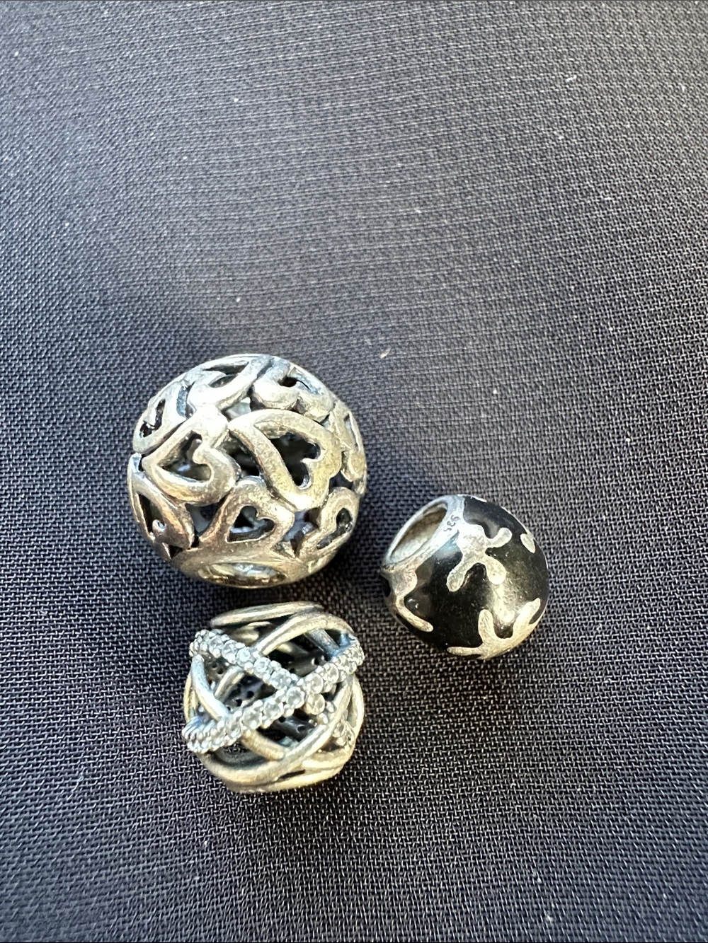 Pandora Sterling Silver Heart & Filigree Charm Beads - Silver and Black